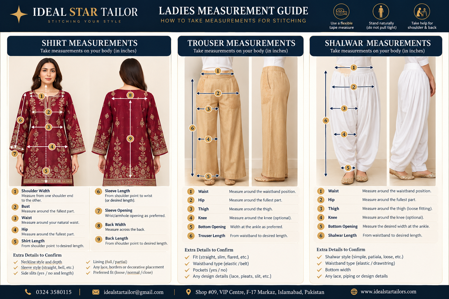 Illustrated ladies shirt, trouser and shalwar measurement guide with numbered measurement points and English instructions